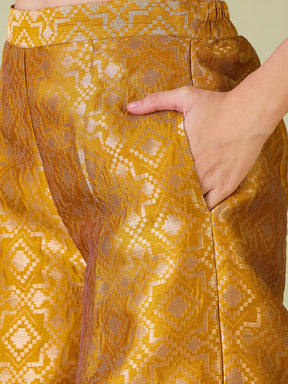 Women Mustard Brocade Double Breasted Blazer With Palazzos