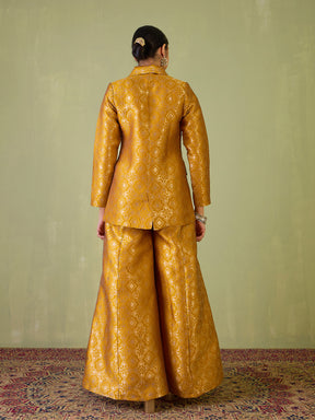 Women Mustard Brocade Double Breasted Blazer With Palazzos