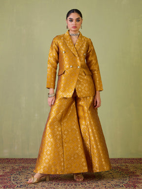 Women Mustard Brocade Double Breasted Blazer With Palazzos