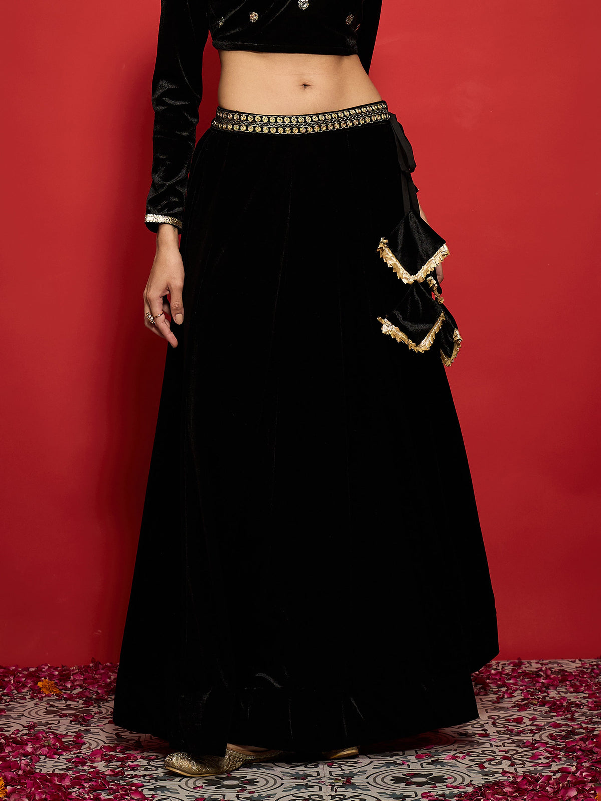 Black Velvet Embroidered Anarkali Skirt-Shae by SASSAFRAS