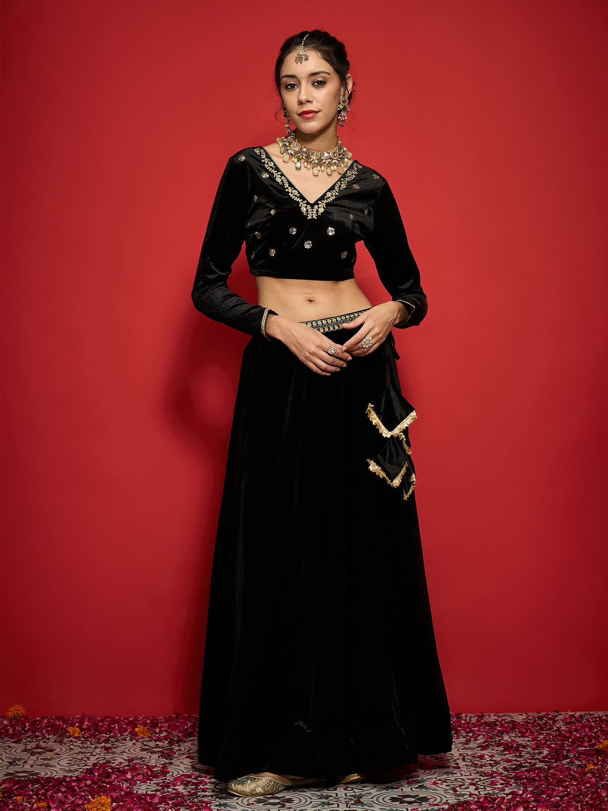 Black Velvet Embroidered Anarkali Skirt-Shae by SASSAFRAS