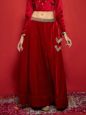 Red Velvet Embroidered Anarkali Skirt-Shae by SASSAFRAS