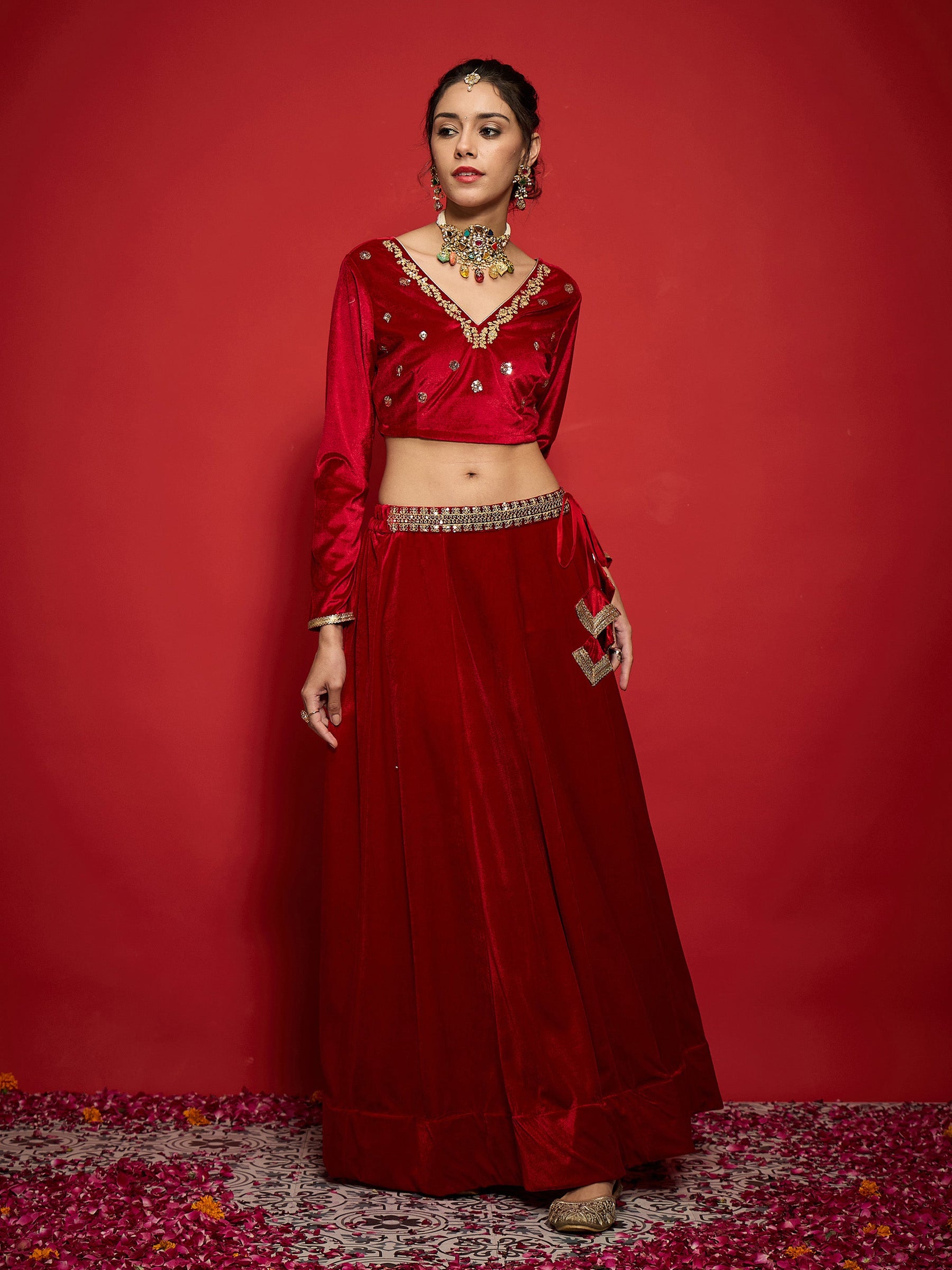 Red Velvet Embroidered Anarkali Skirt-Shae by SASSAFRAS