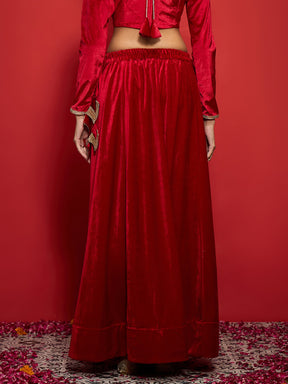 Red Velvet Embroidered Anarkali Skirt-Shae by SASSAFRAS