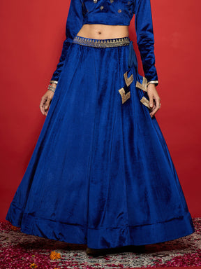 Royal Blue Velvet Embroidered Anarkali Skirt-Shae by SASSAFRAS