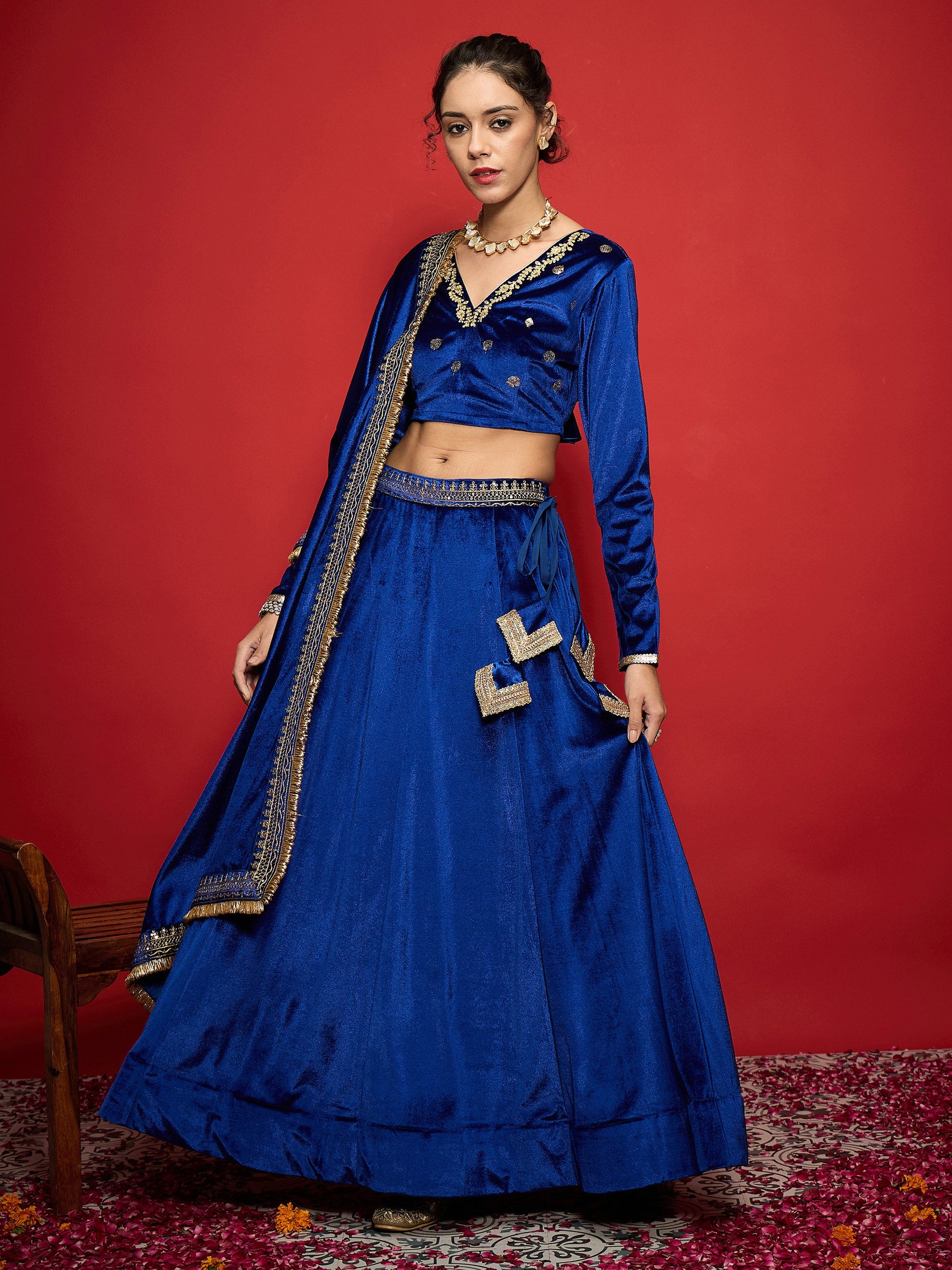 Royal Blue Velvet Embroidered Anarkali Skirt-Shae by SASSAFRAS