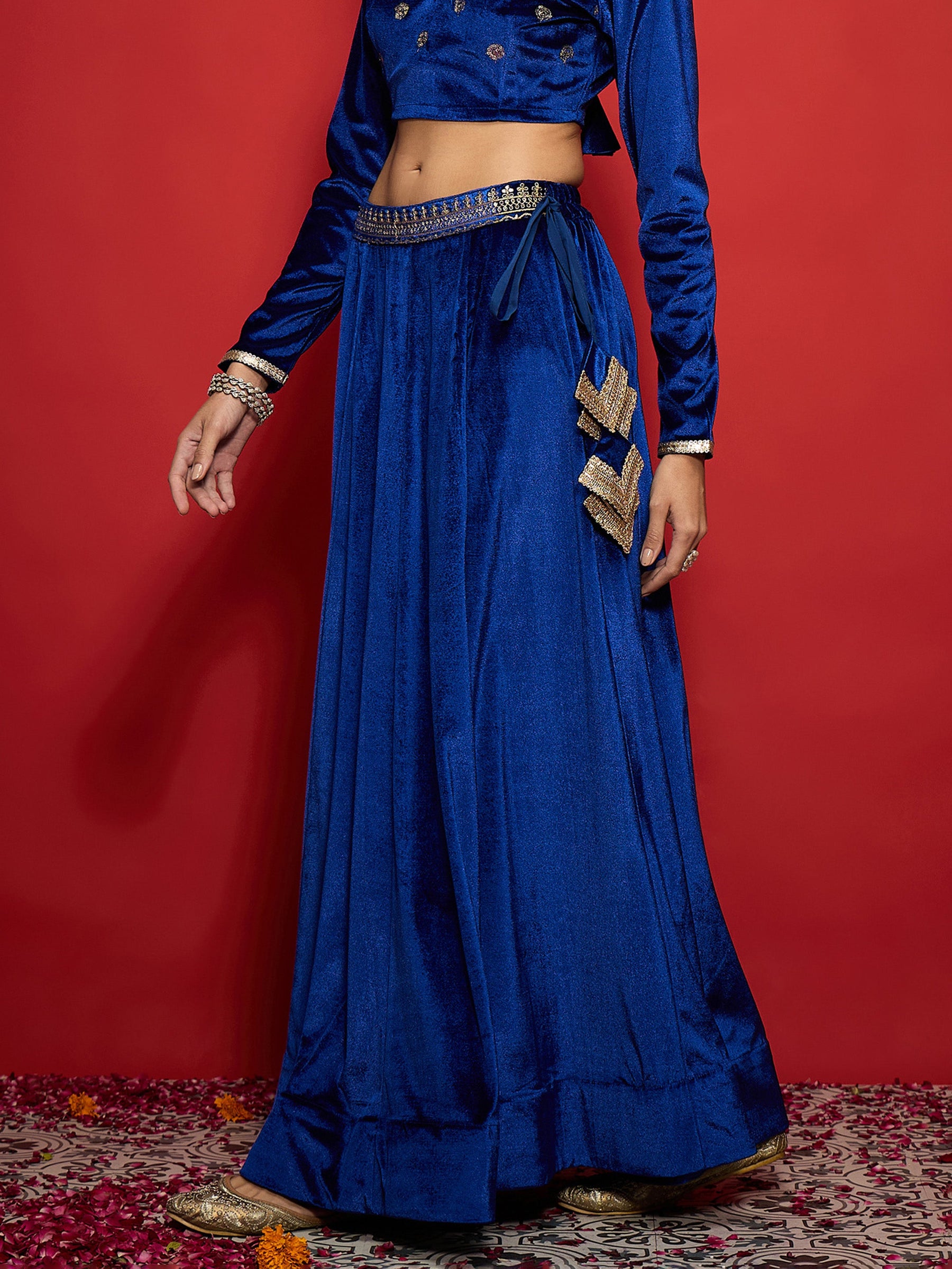 Royal Blue Velvet Embroidered Anarkali Skirt-Shae by SASSAFRAS