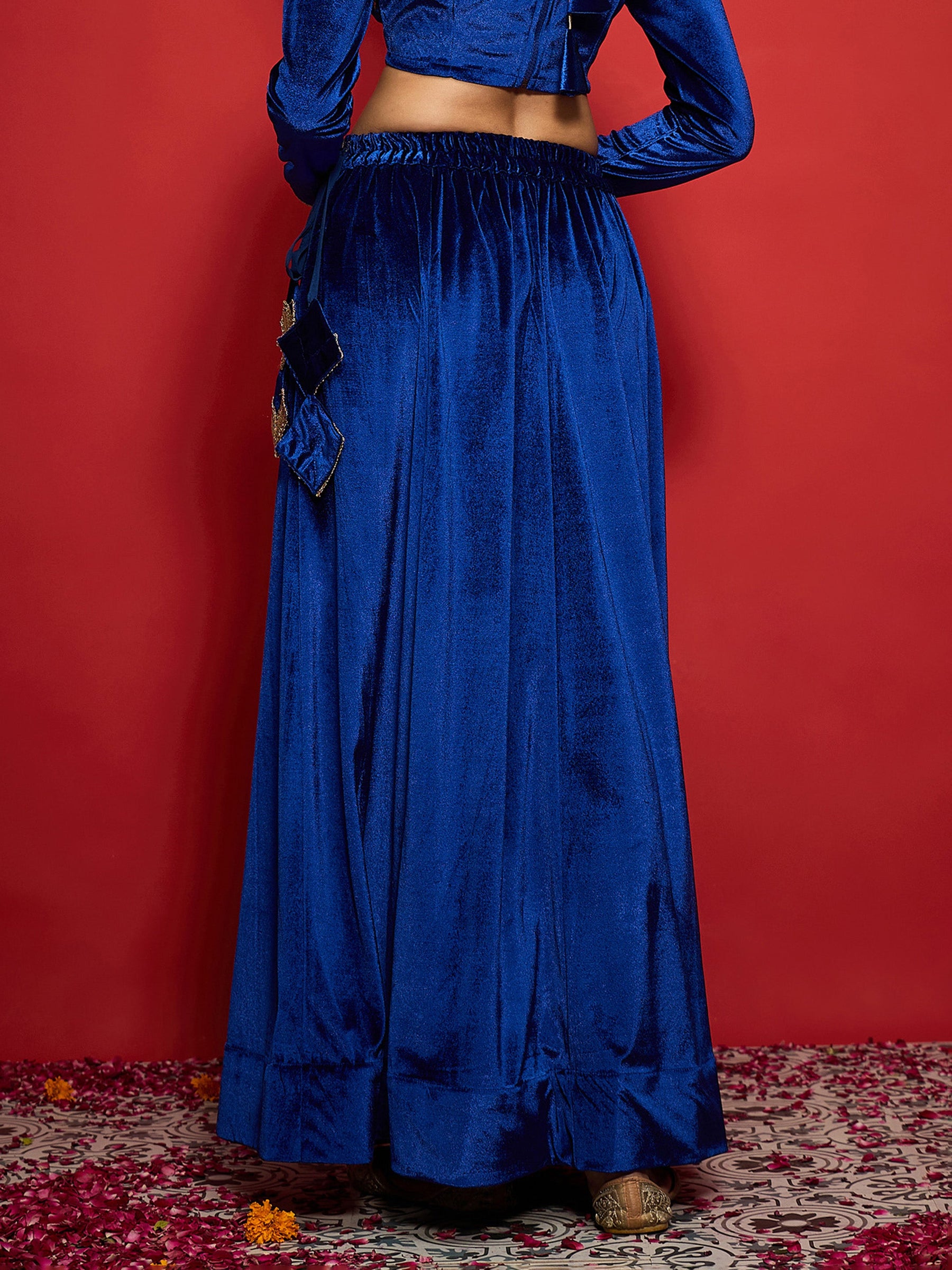 Royal Blue Velvet Embroidered Anarkali Skirt-Shae by SASSAFRAS