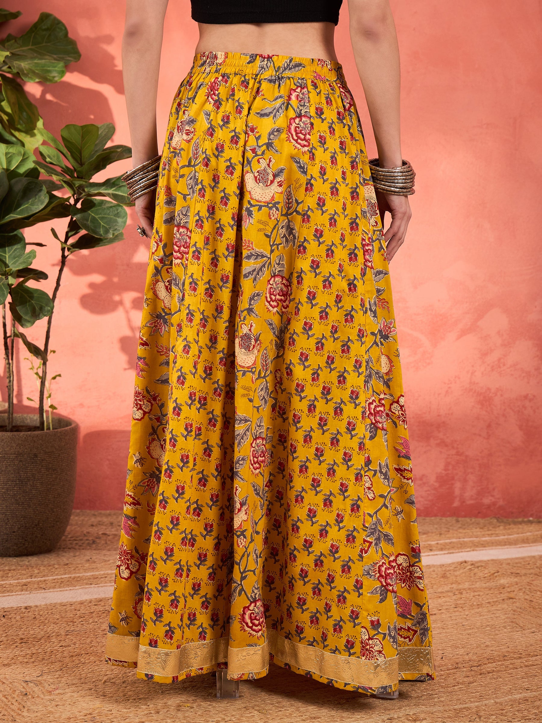 Women Yellow Floral Elasticated Anarkali Skirt - Main Image