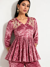 Women Pink Velvet Embroidered Peplum Top