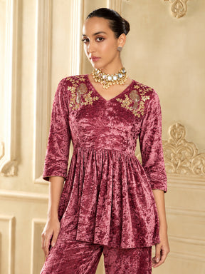 Pink Velvet Embroidered Peplum Top-Shae by SASSAFRAS
