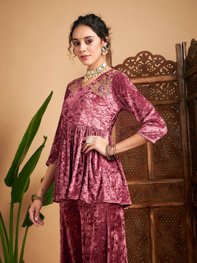 Pink Velvet Embroidered Peplum Top-Shae by SASSAFRAS