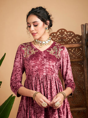 Pink Velvet Embroidered Peplum Top-Shae by SASSAFRAS