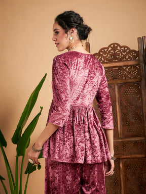 Pink Velvet Embroidered Peplum Top-Shae by SASSAFRAS