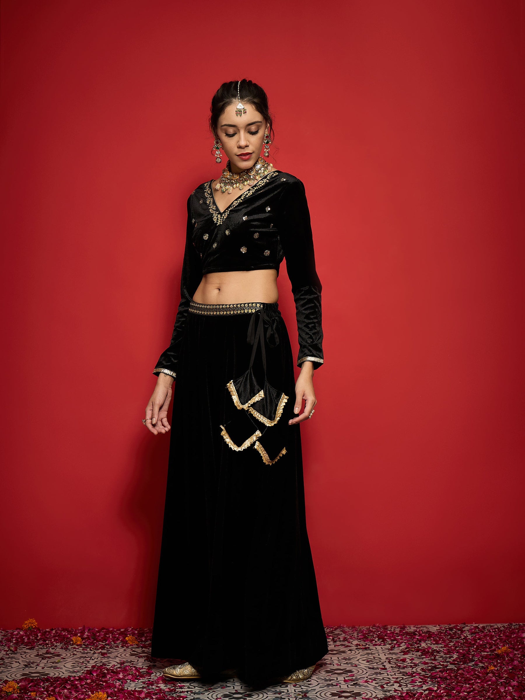 Black Velvet Embroidered Crop Top With Skirt-Shae by SASSAFRAS