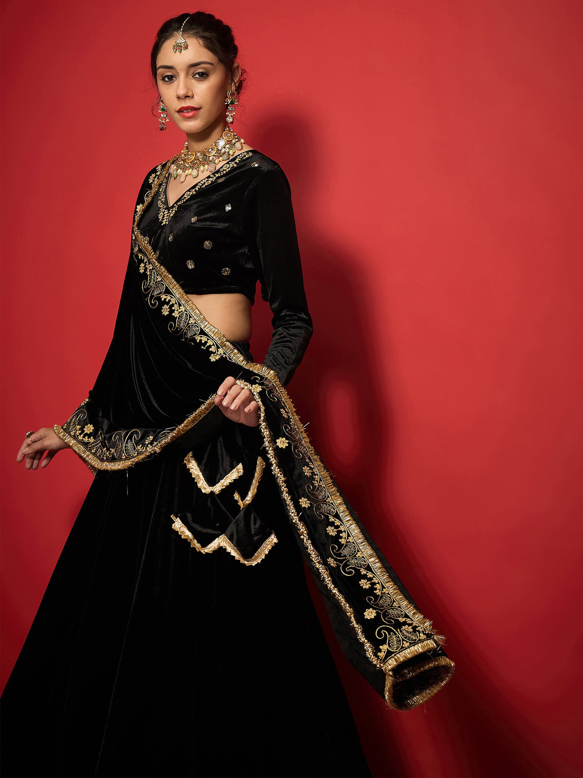 Black Velvet Embroidered Lehenga Choli Set With Dupatta-Shae by SASSAFRAS