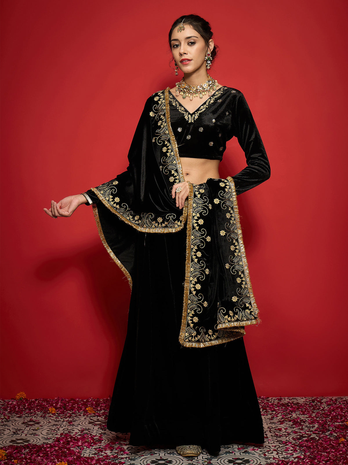 Black Velvet Embroidered Lehenga Choli Set With Dupatta-Shae by SASSAFRAS