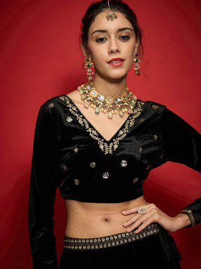 Black Velvet Embroidered Lehenga Choli Set With Dupatta-Shae by SASSAFRAS