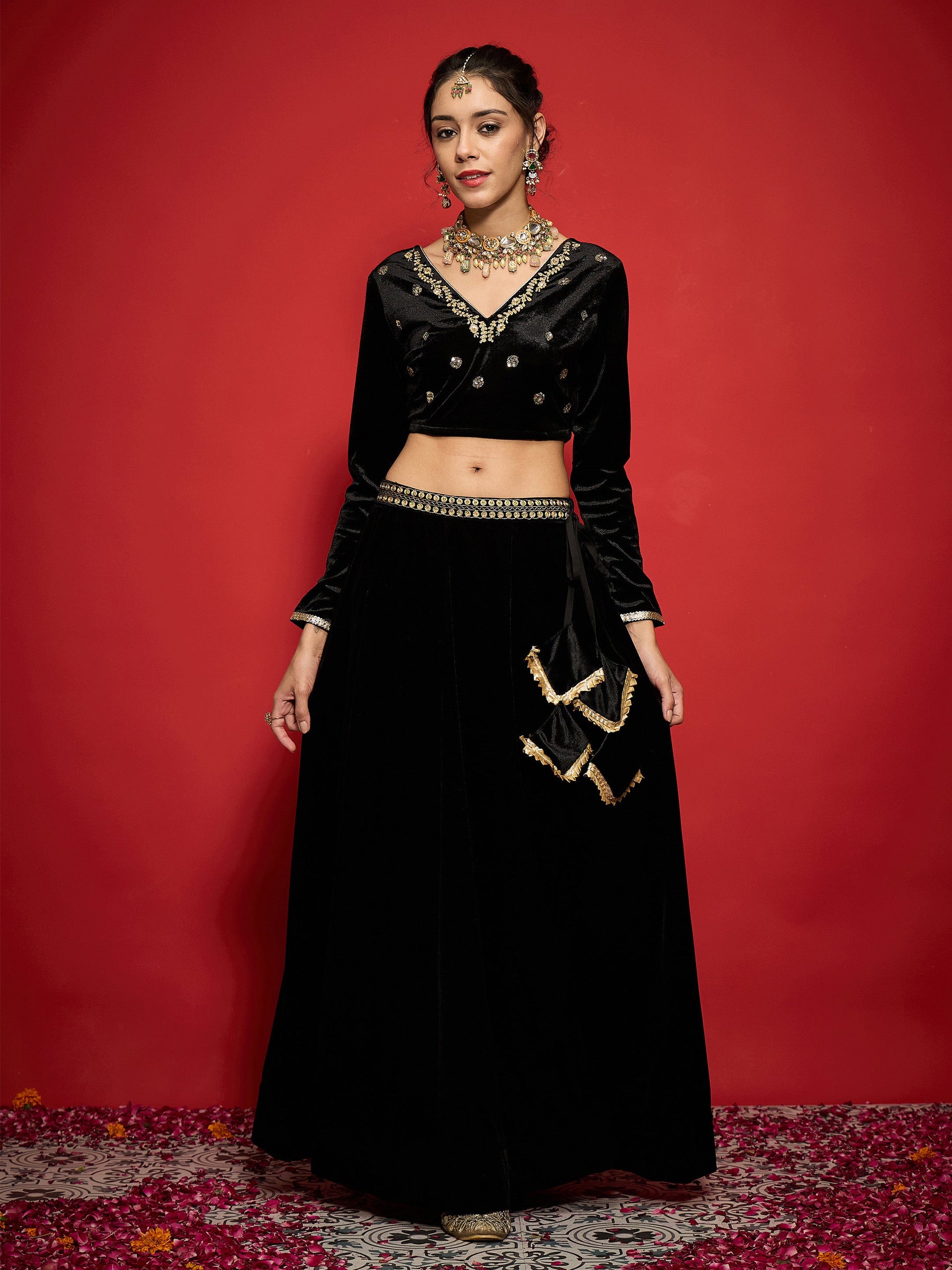 Black Velvet Embroidered Lehenga Choli Set With Dupatta-Shae by SASSAFRAS