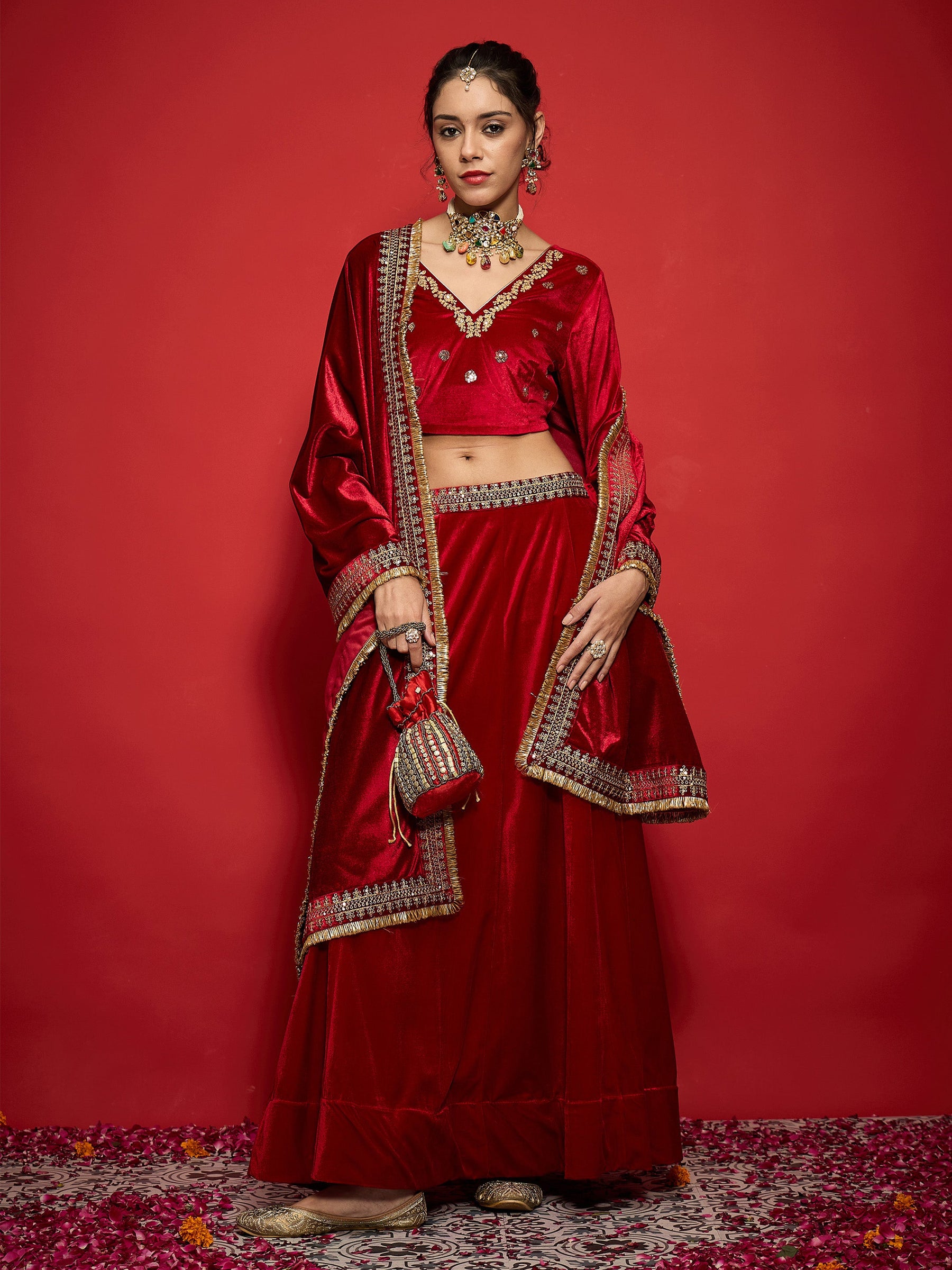 Red Velvet Embroidered Lehenga Choli Set With Dupatta-Shae by SASSAFRAS