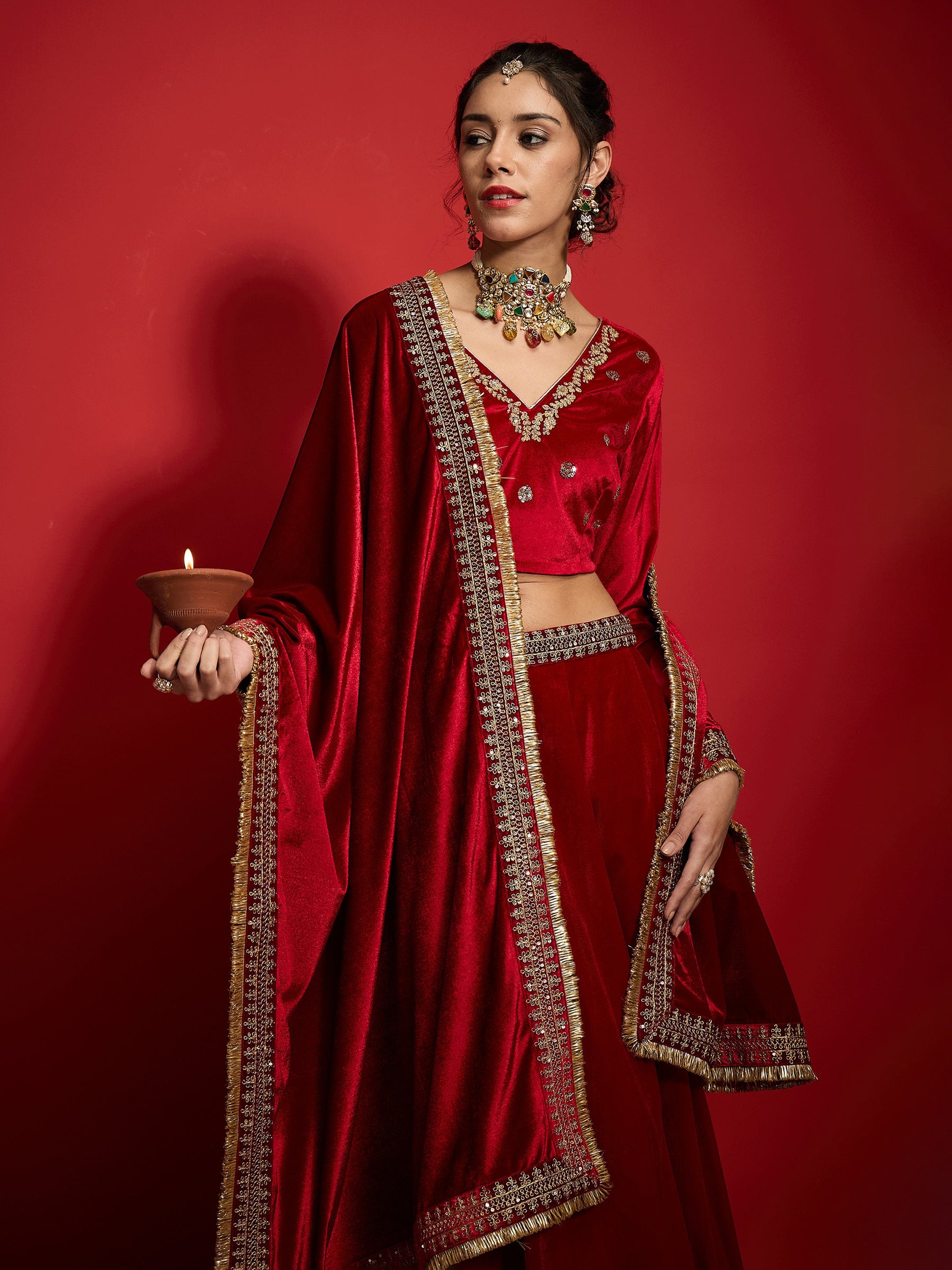 Red Velvet Embroidered Lehenga Choli Set With Dupatta-Shae by SASSAFRAS