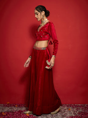 Red Velvet Embroidered Lehenga Choli Set With Dupatta-Shae by SASSAFRAS