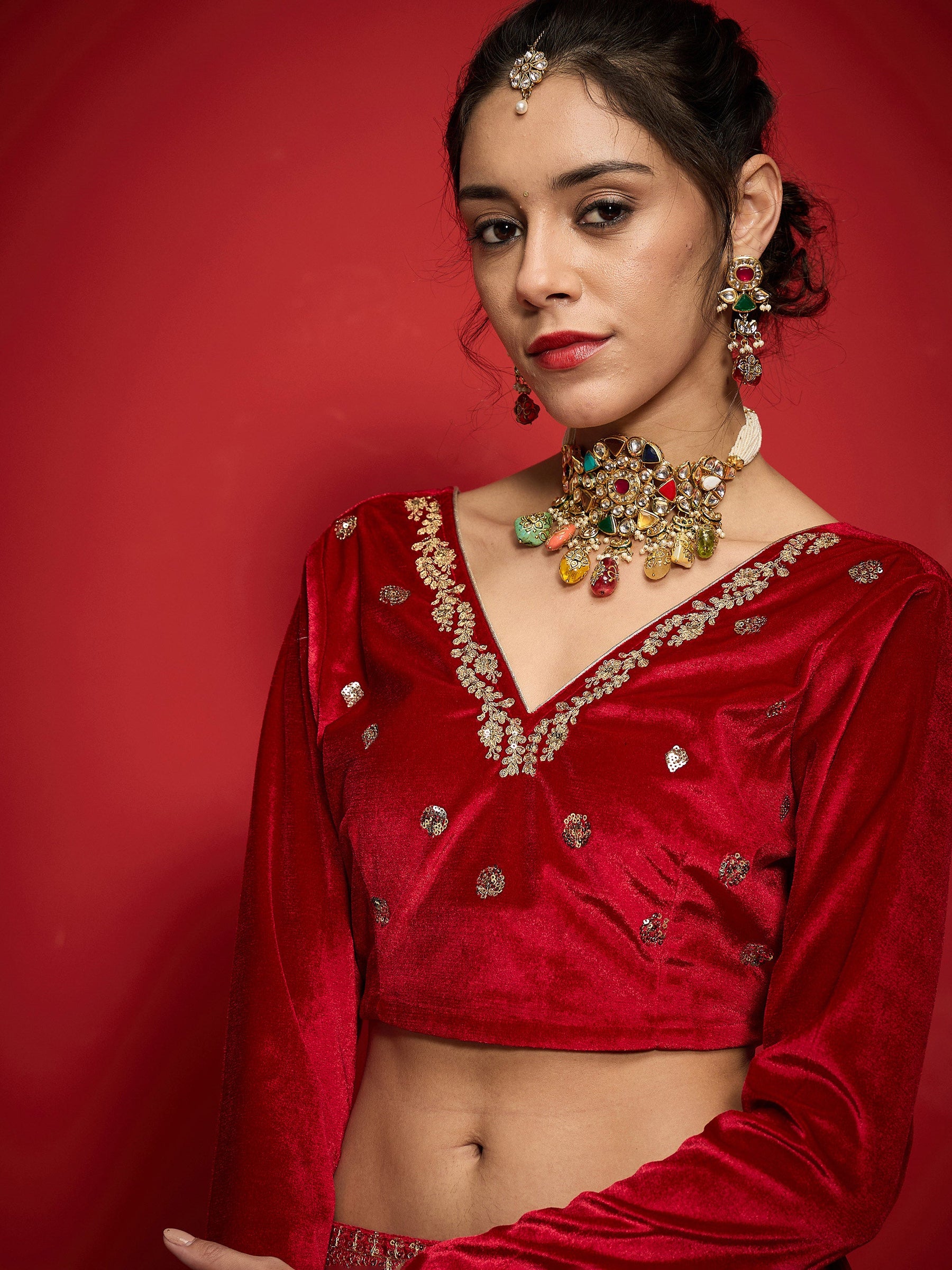 Red Velvet Embroidered Lehenga Choli Set With Dupatta-Shae by SASSAFRAS