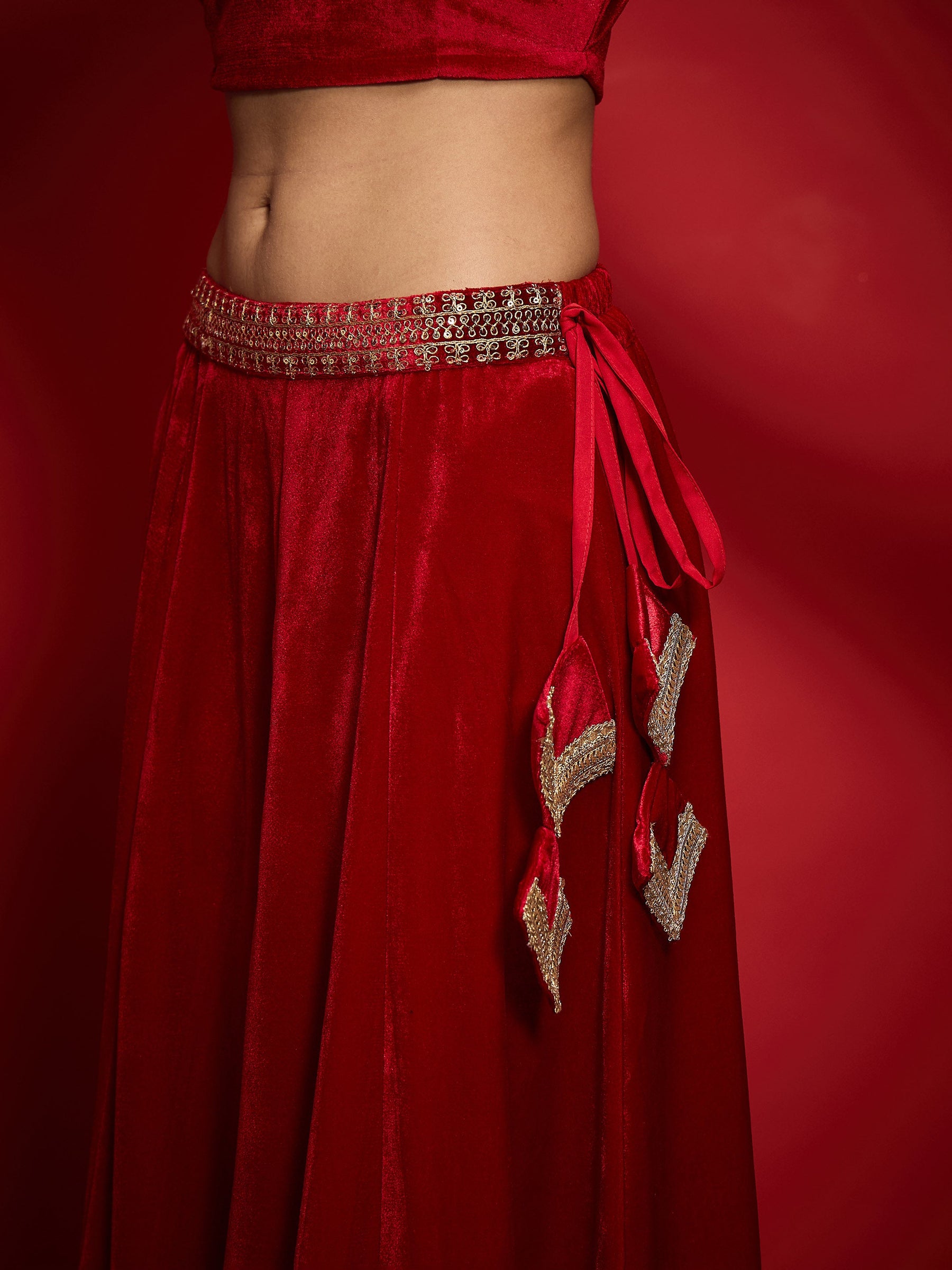 Red Velvet Embroidered Lehenga Choli Set With Dupatta-Shae by SASSAFRAS