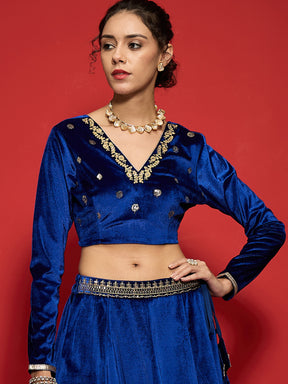 Royal Blue Velvet Embroidered V-Neck Crop Top-Shae by SASSAFRAS