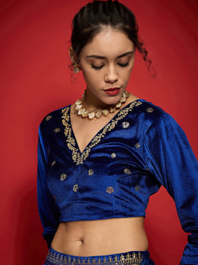 Royal Blue Velvet Embroidered V-Neck Crop Top-Shae by SASSAFRAS