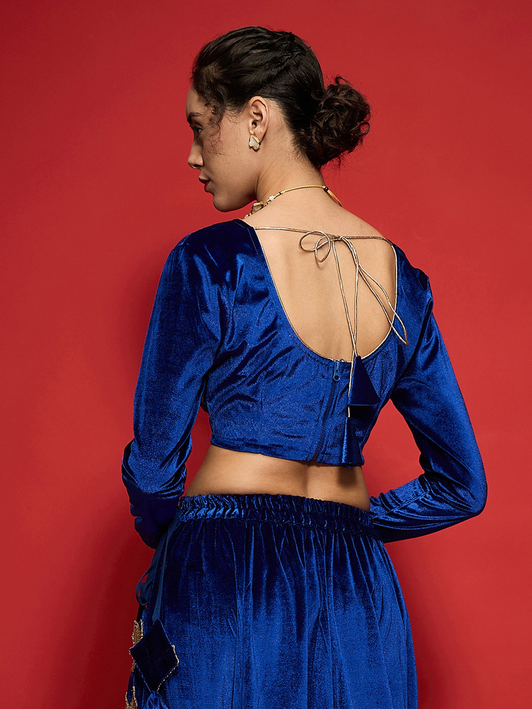 Royal Blue Velvet Embroidered V-Neck Crop Top-Shae by SASSAFRAS