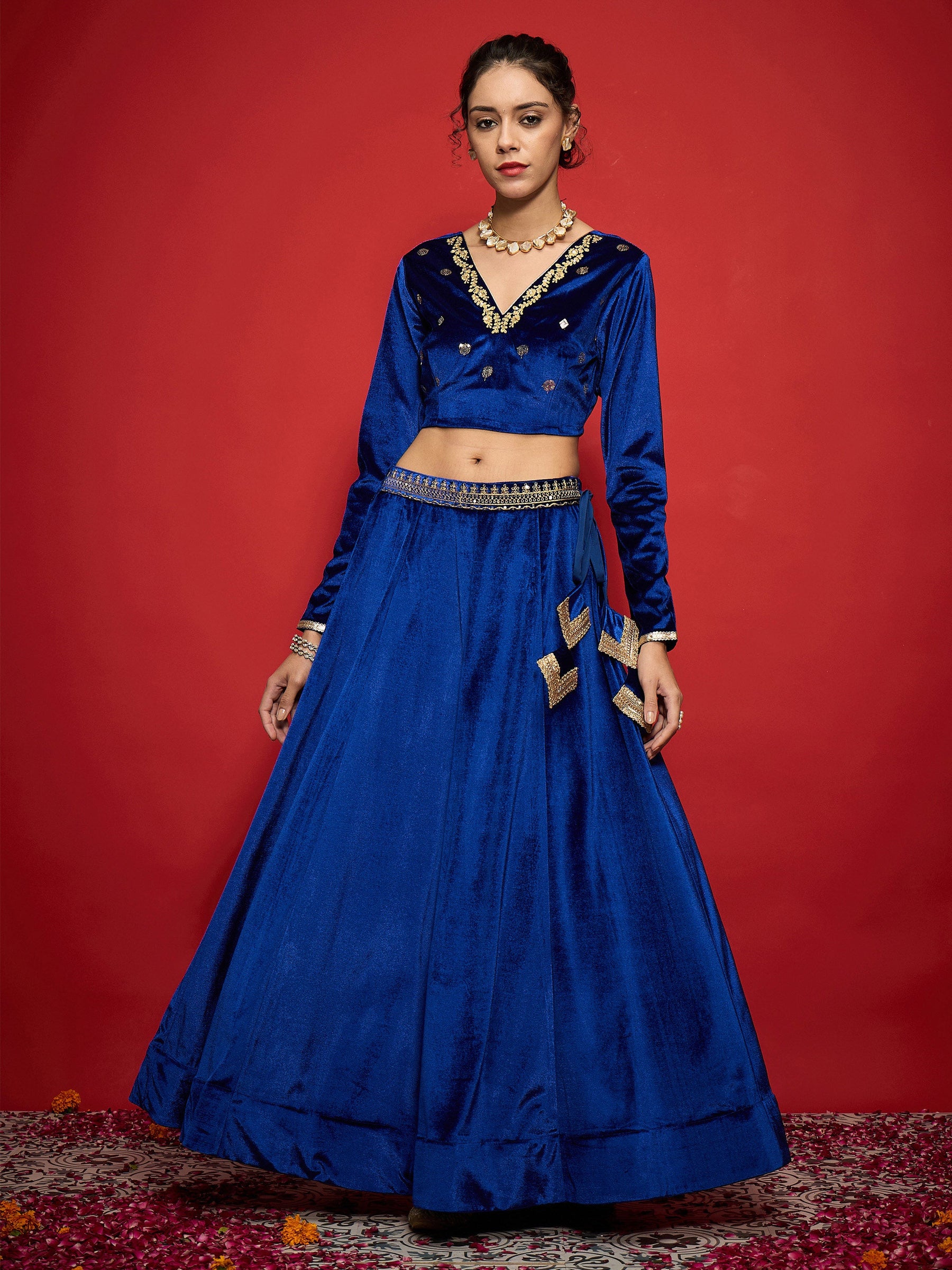 Royal Blue Velvet Embroidered Crop Top With Skirt-Shae by SASSAFRAS