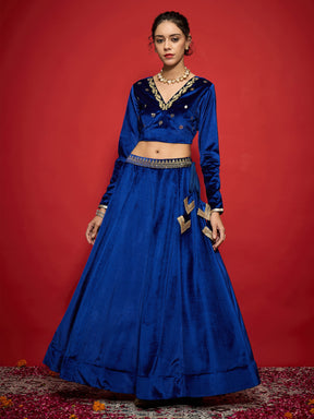 Royal Blue Velvet Embroidered Crop Top With Skirt-Shae by SASSAFRAS