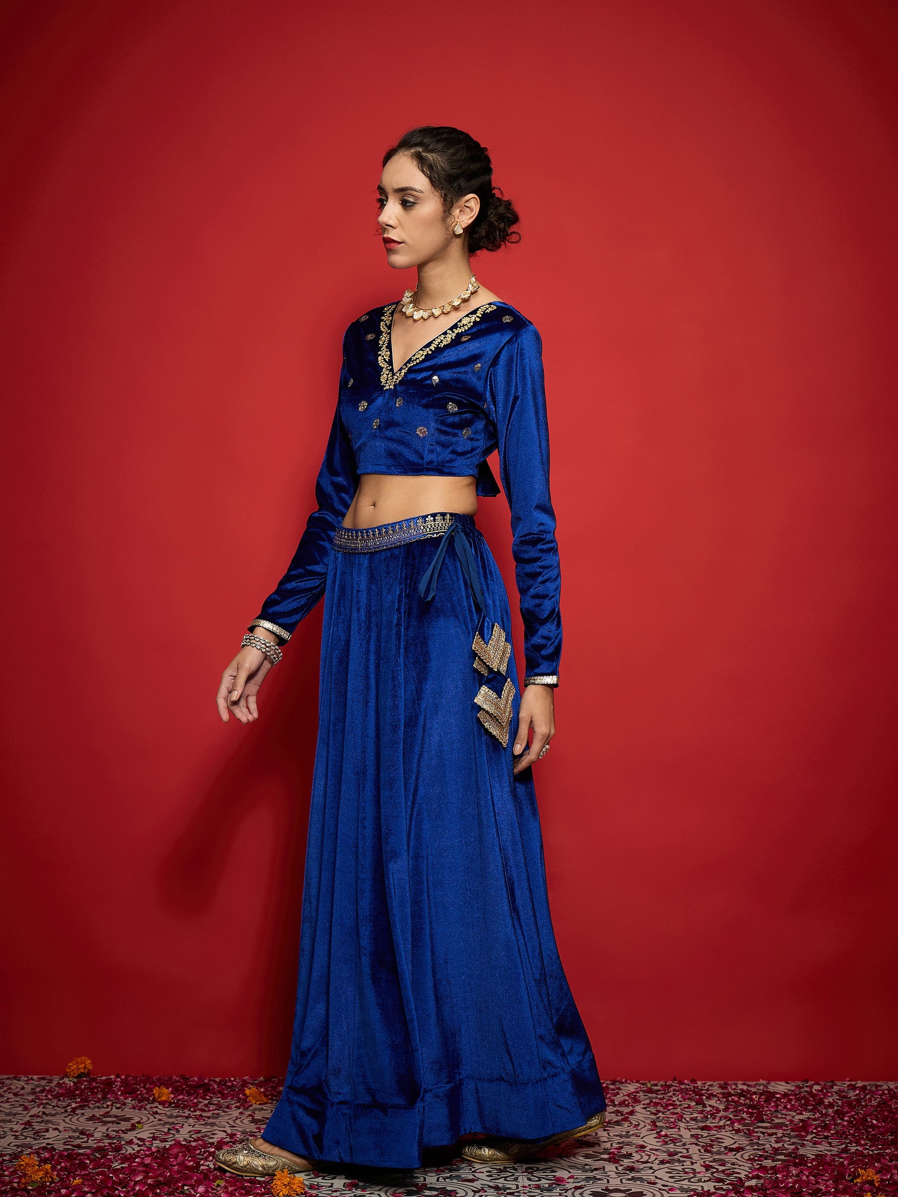 Royal Blue Velvet Embroidered Crop Top With Skirt-Shae by SASSAFRAS