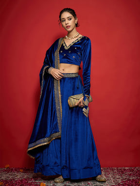 Royal Blue Velvet Embroidered Lehenga Choli Set With Dupatta-Shae by SASSAFRAS