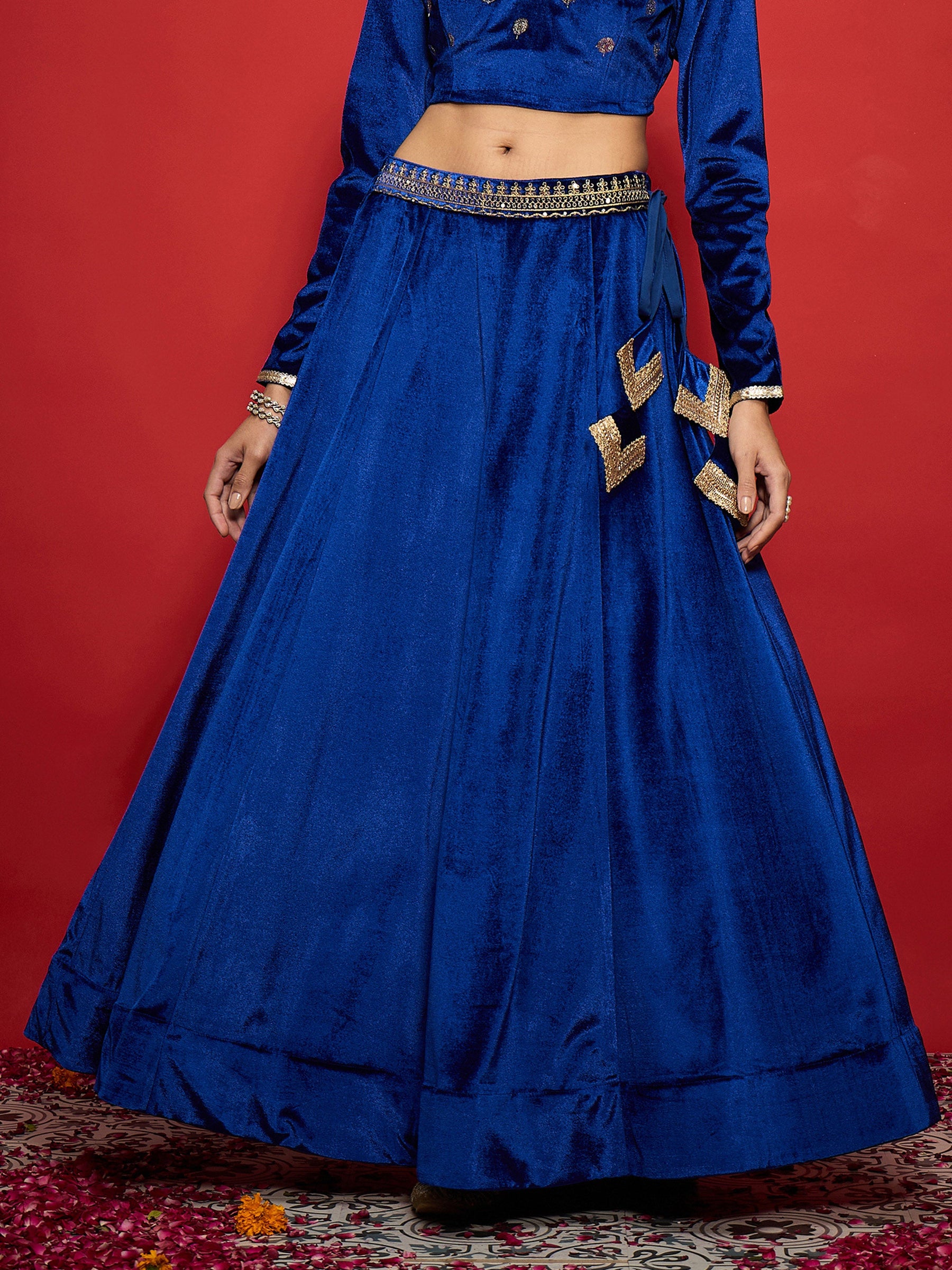 Royal Blue Velvet Embroidered Lehenga Choli Set With Dupatta-Shae by SASSAFRAS