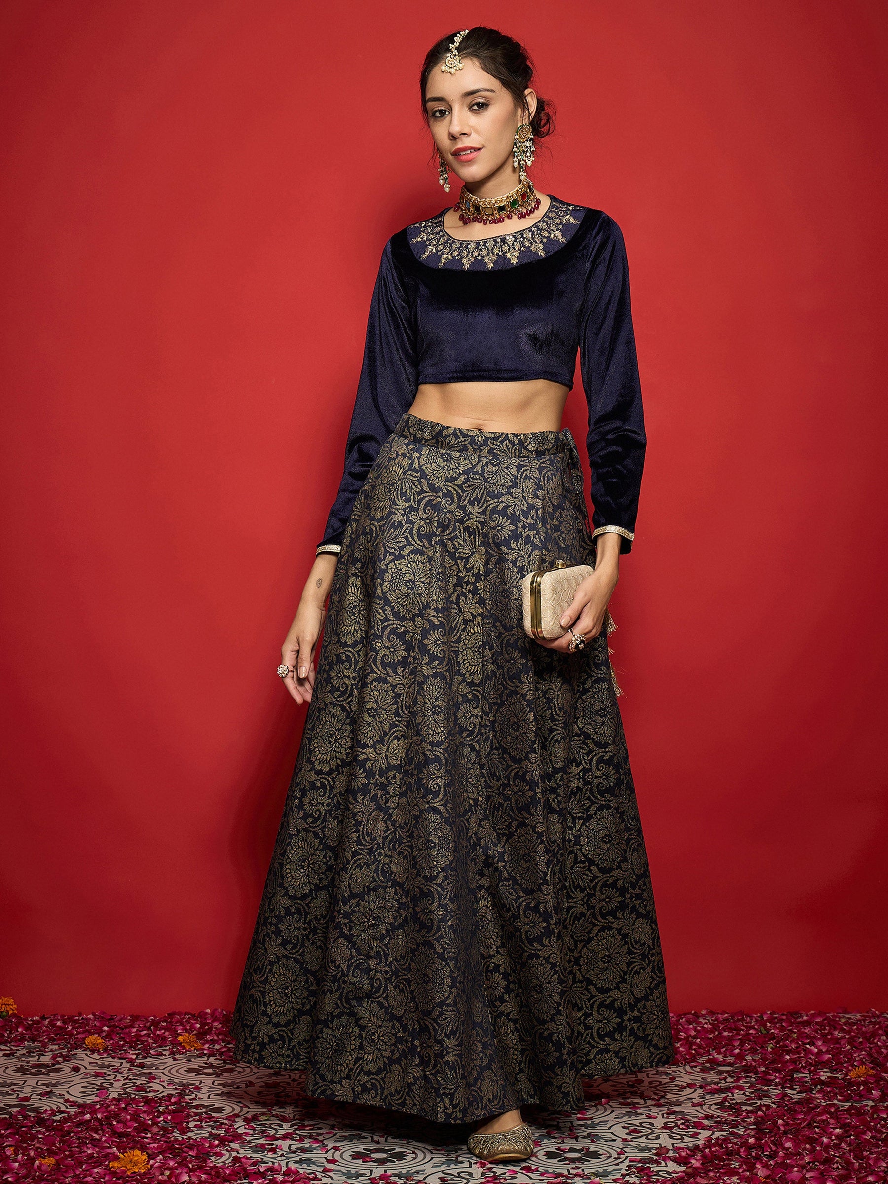 Navy Velvet Crop Top With Brocade Anarkali Skirt-Shae by SASSAFRAS