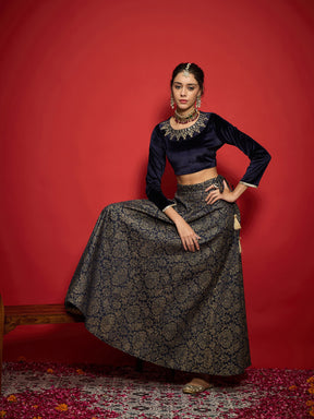 Navy Velvet Crop Top With Brocade Anarkali Skirt-Shae by SASSAFRAS