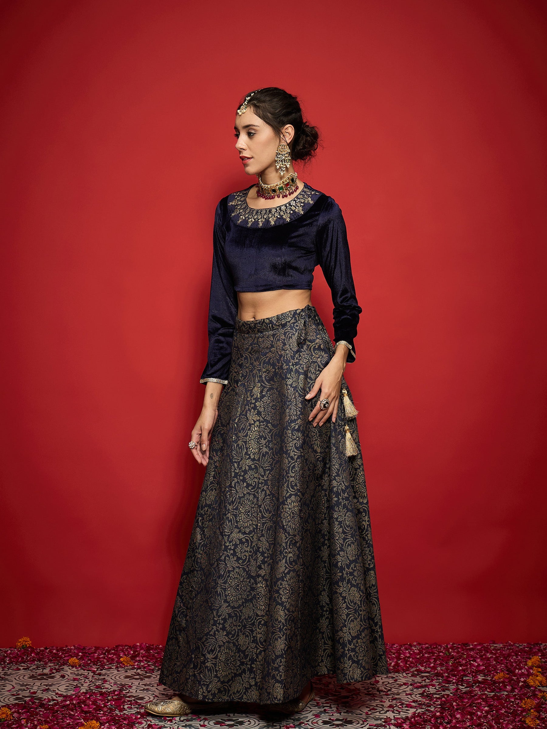 Navy Velvet Crop Top With Brocade Anarkali Skirt-Shae by SASSAFRAS