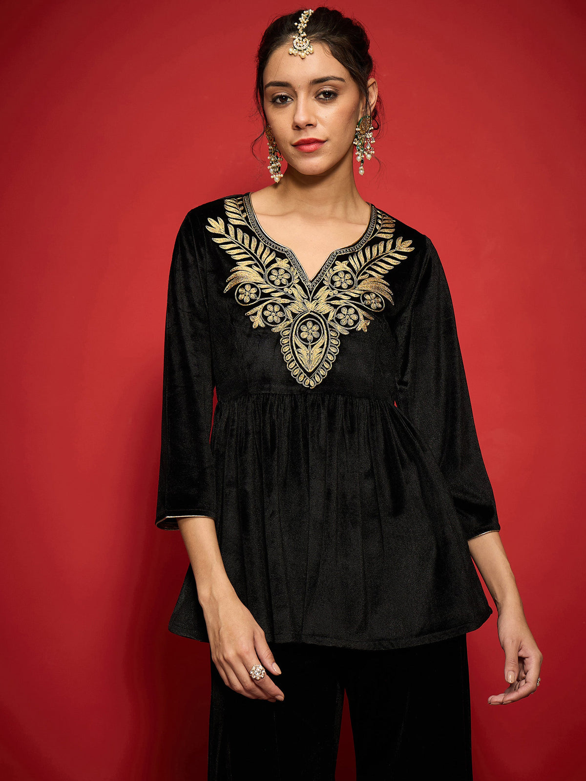 Black Velvet Embroidered Round Neck Peplum Top-Shae by SASSAFRAS