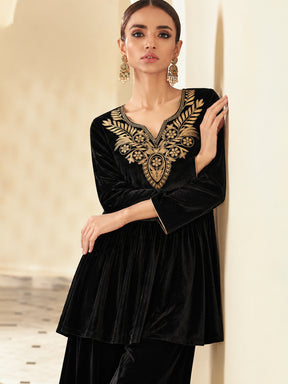 Women Black Velvet Embroidered Round Neck Peplum Top