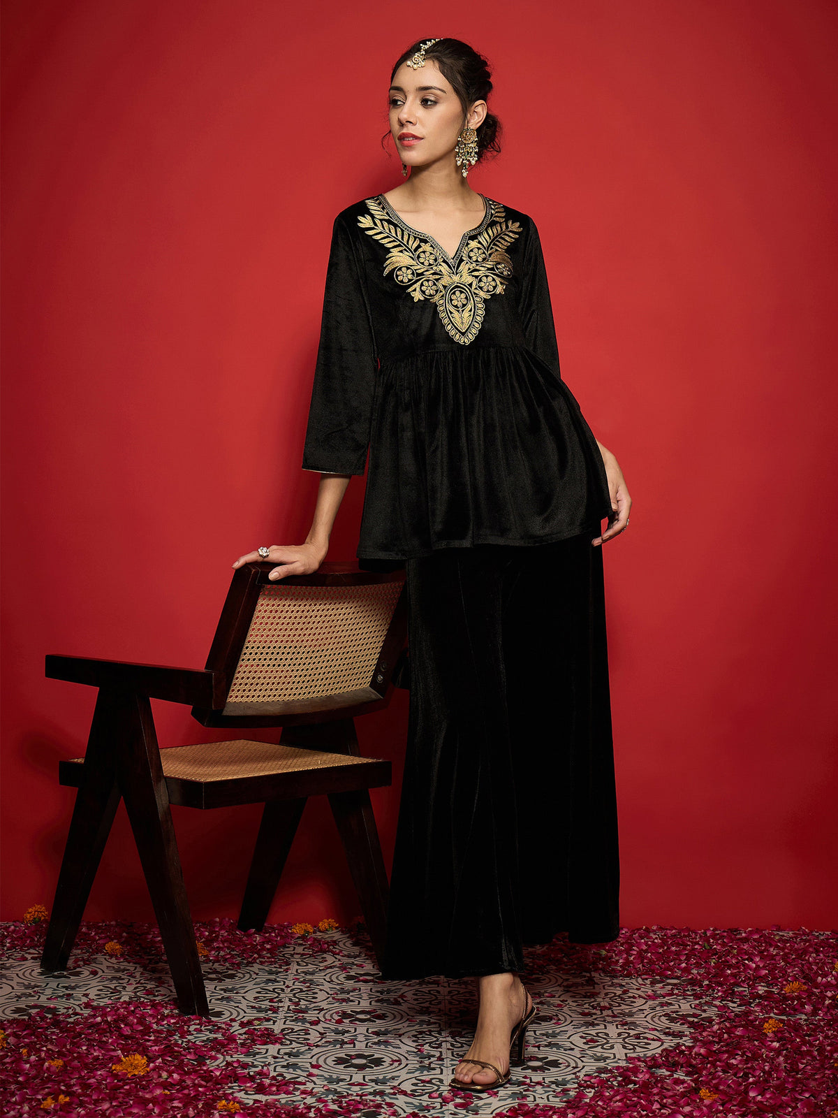 Black Velvet Embroidered Round Neck Peplum Top-Shae by SASSAFRAS