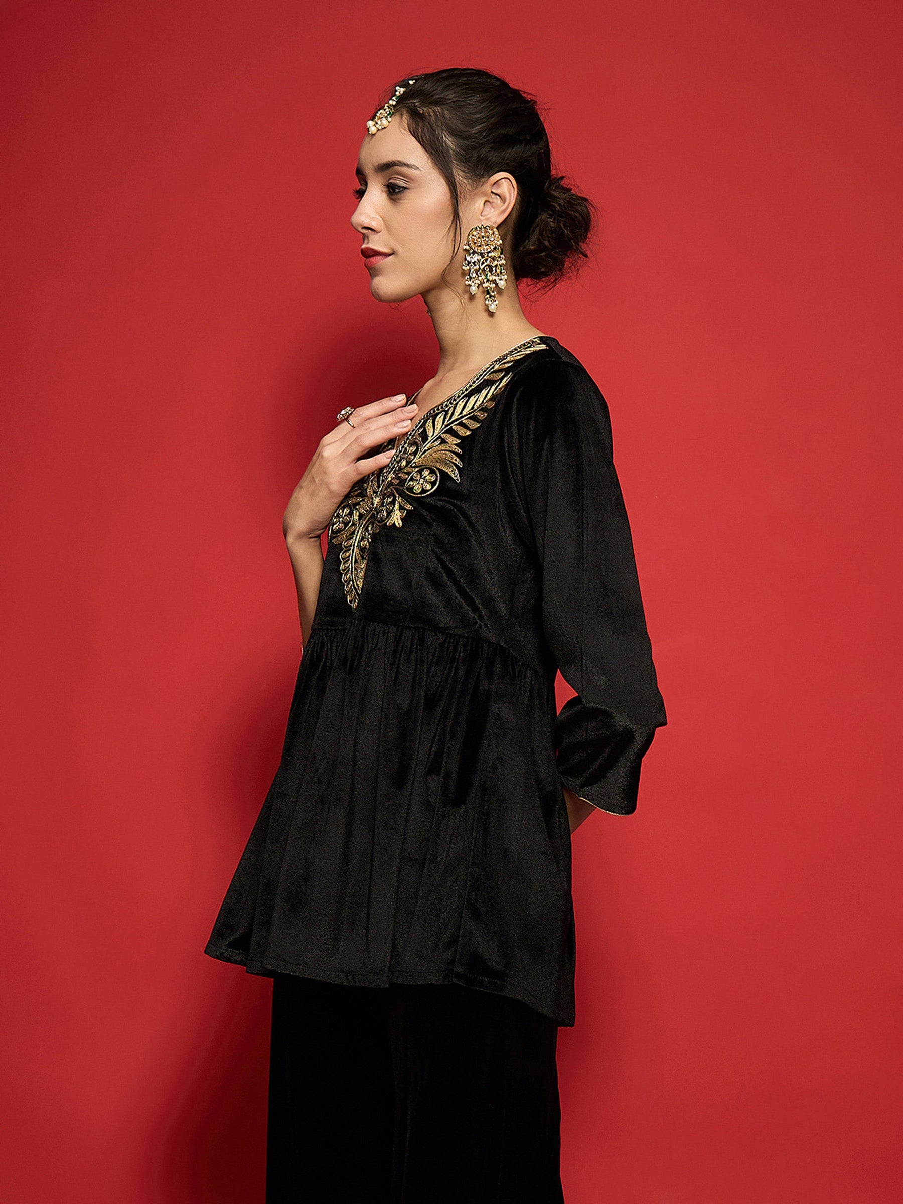 Black Velvet Embroidered Round Neck Peplum Top-Shae by SASSAFRAS