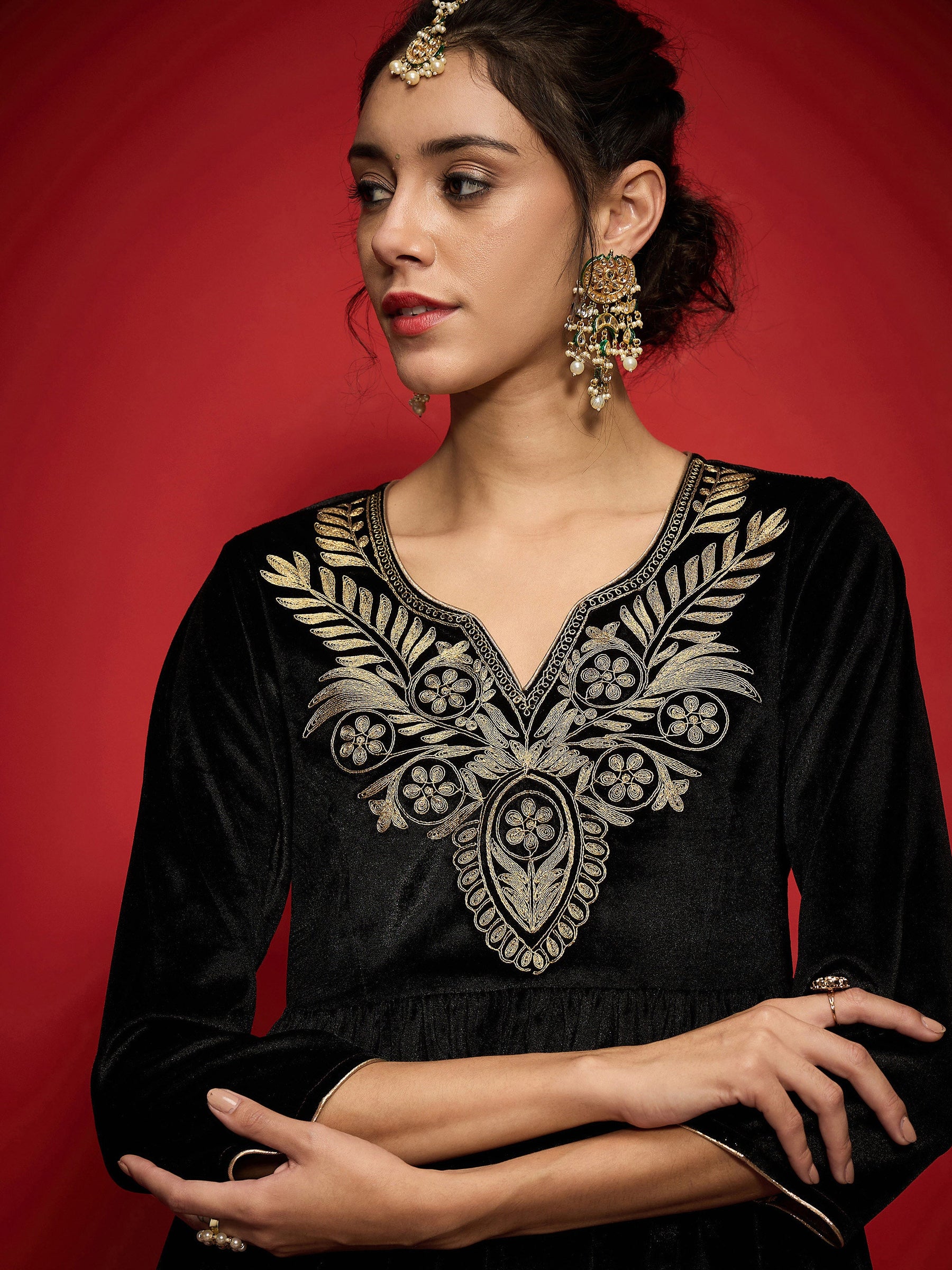 Black Velvet Embroidered Round Neck Peplum Top-Shae by SASSAFRAS