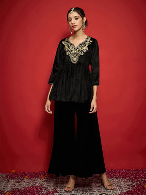 Black Velvet Embroidered Peplum Top With Palazzos-Shae by SASSAFRAS