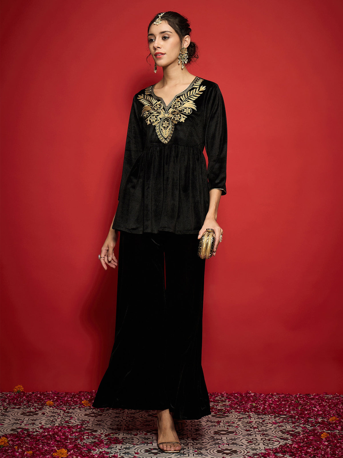 Black Velvet Embroidered Peplum Top With Palazzos-Shae by SASSAFRAS