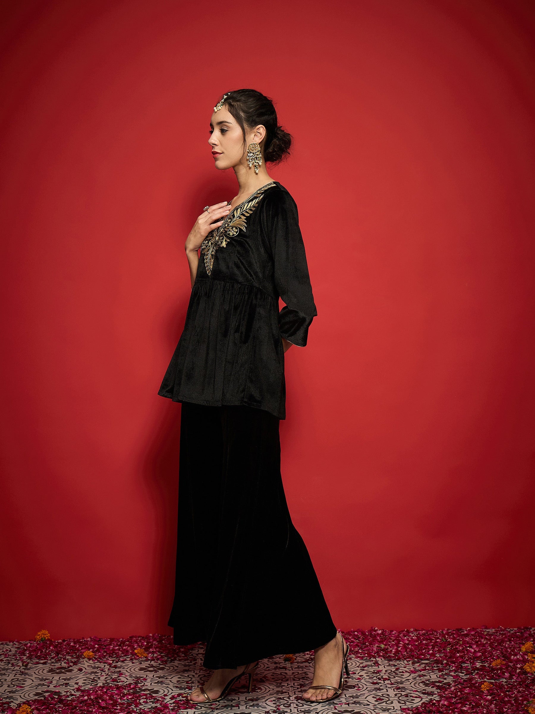 Black Velvet Embroidered Peplum Top With Palazzos-Shae by SASSAFRAS