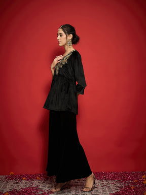 Black Velvet Embroidered Peplum Top With Palazzos-Shae by SASSAFRAS