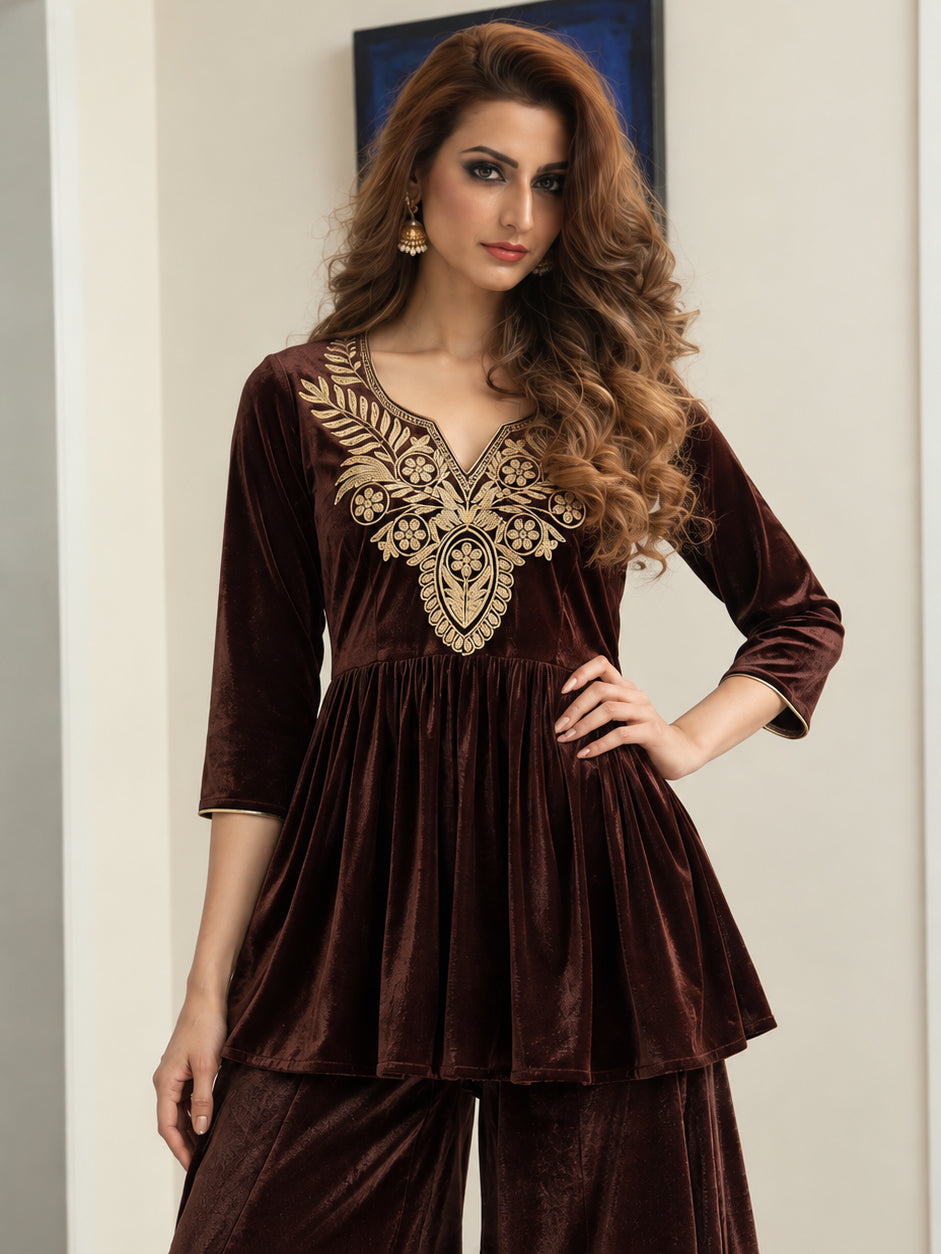 Women Brown Velvet Embroidered Round Neck Peplum Top