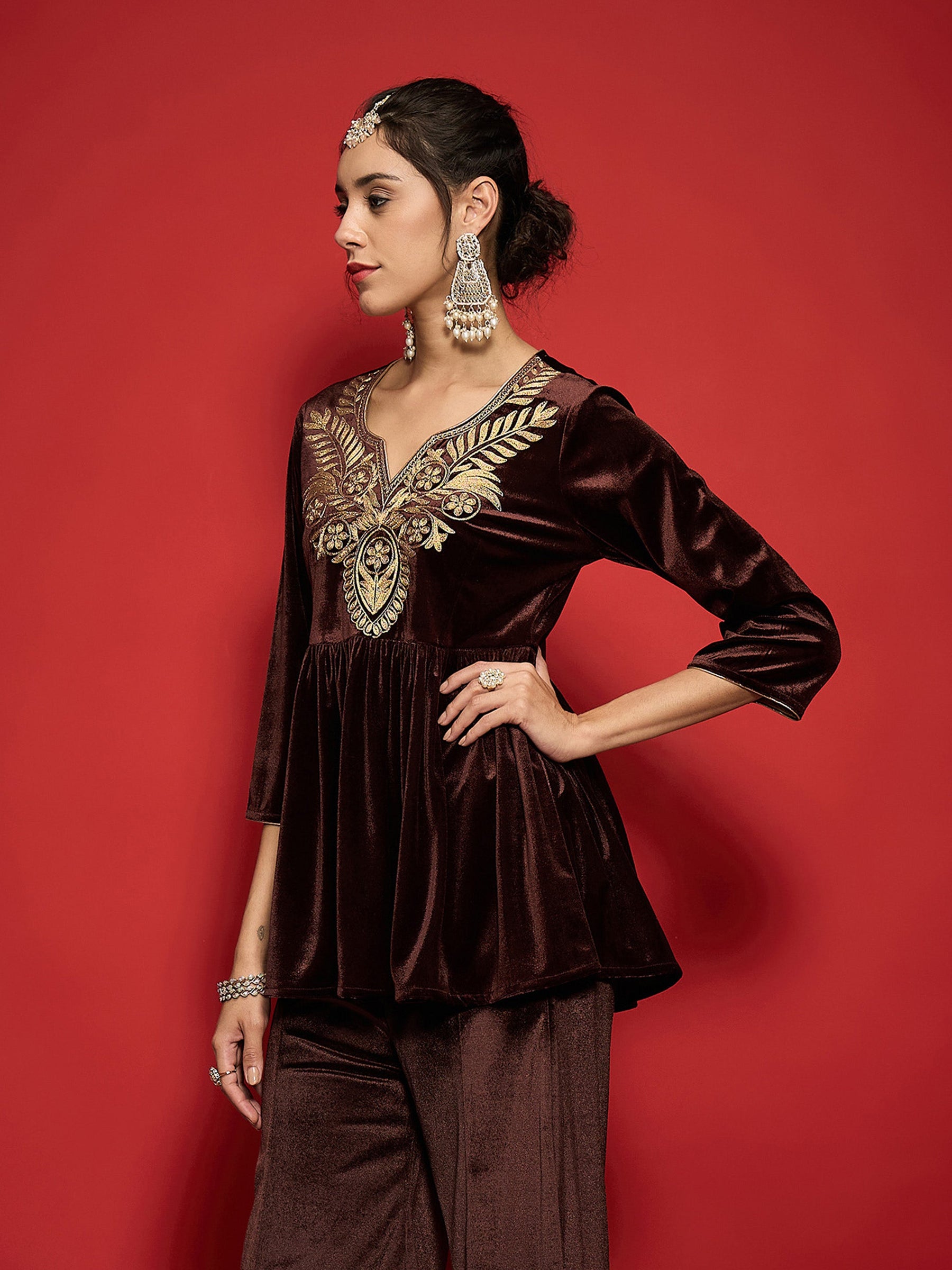 Brown Velvet Embroidered Round Neck Peplum Top-Shae by SASSAFRAS